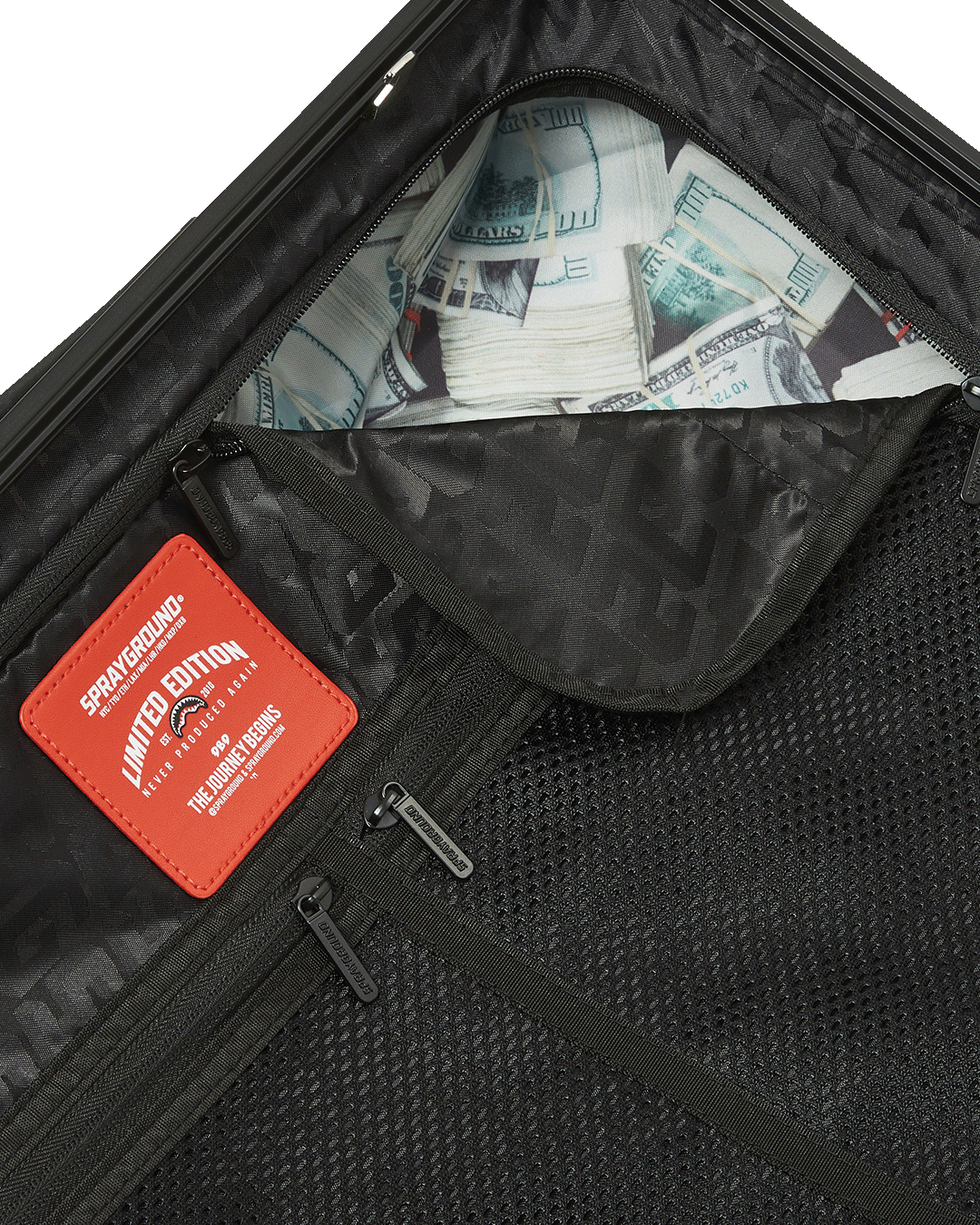 THE JOURNEY BEGINS SHARKITECTURE CARRY-ON LUGGAGE BLACK WITH EXTRA STICKERS